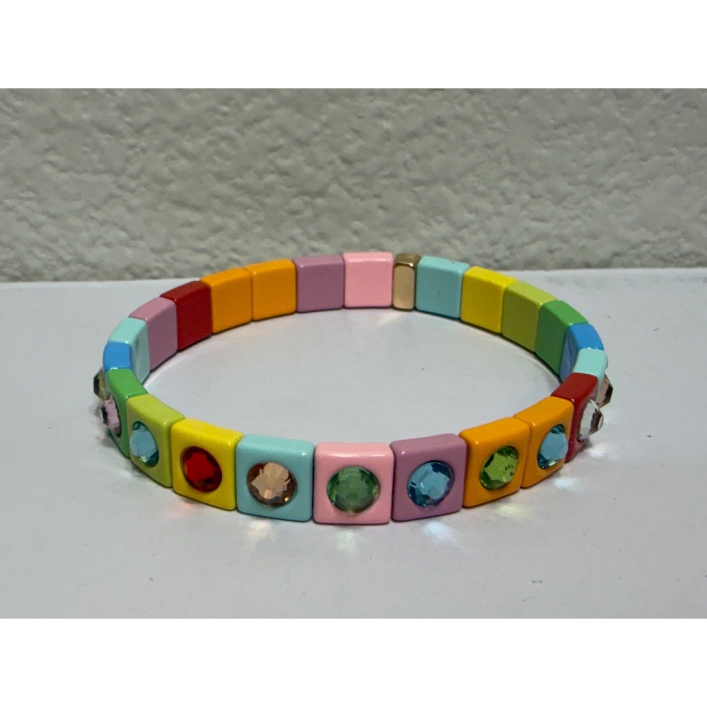 Rainbow Enamel Tile Stretch Bracelet Multicolor Crystal‎ Statement Jewelry NWOT